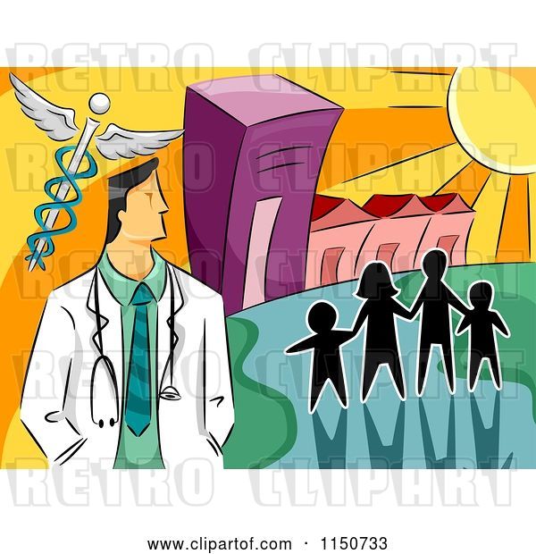 Vector Clip Art of Retro Cartoon Silhouetted Family and a Doctor with a Caduceus by a Hospital