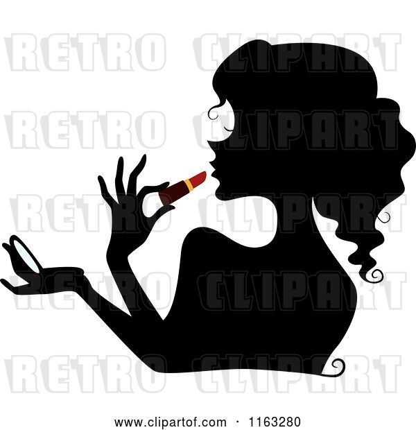 Vector Clip Art of Retro Cartoon Silhouetted Lady Applying Red Liptstick