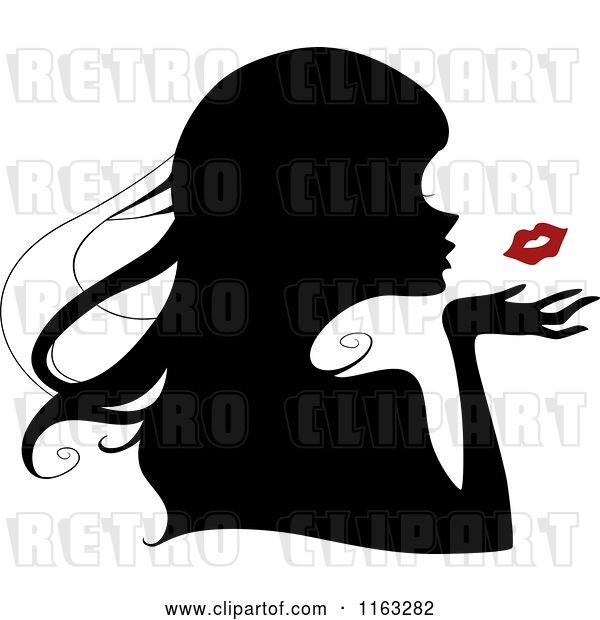 Vector Clip Art of Retro Cartoon Silhouetted Lady Blowing a Red Kiss