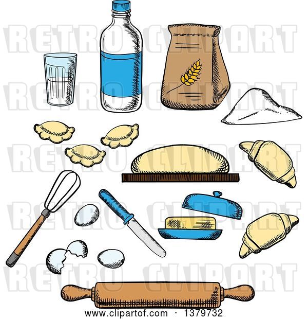 Vector Clip Art of Retro Cartoon Sketched Baking Ingredients