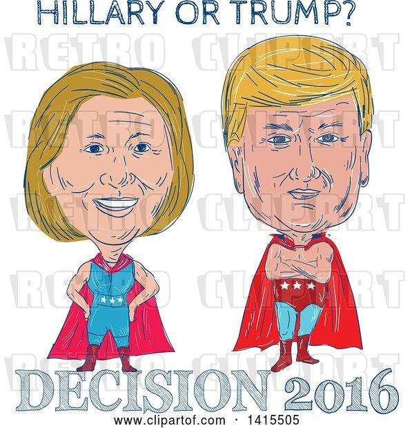 Vector Clip Art of Retro Cartoon Sketched Caricatures of Hillary Clinton and Donald Trump As Wrestlers or Luchadors with Text