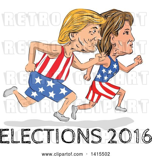 Vector Clip Art of Retro Cartoon Sketched Caricatures of Hillary Clinton and Donald Trump Running for the Presidency with Elections 2016 Text