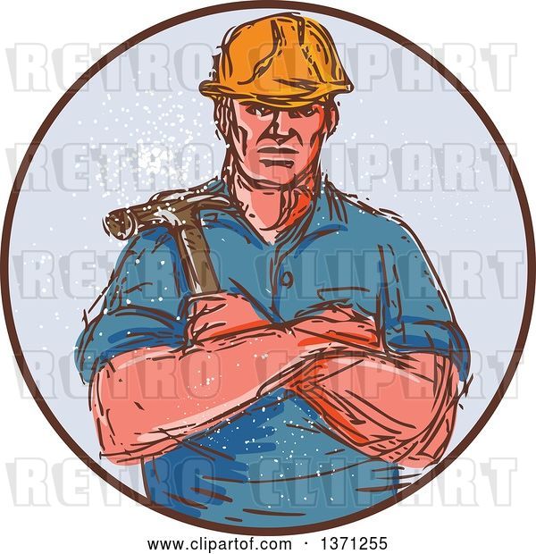 Vector Clip Art of Retro Cartoon Sketched Male Builder Holding a Hammer in a Circle