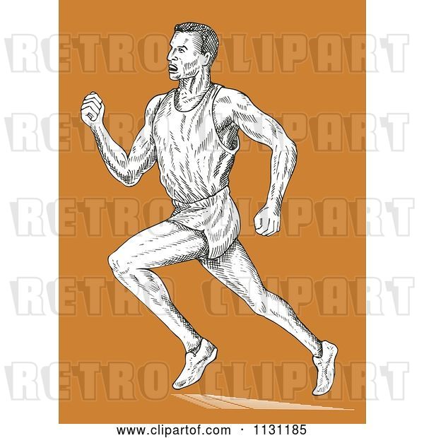 Vector Clip Art of Retro Cartoon Sketched Male Runner over Orange