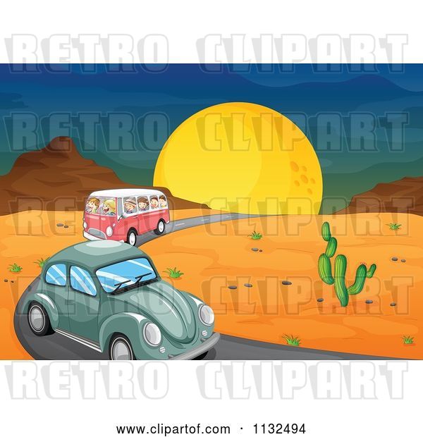 Vector Clip Art of Retro Cartoon Slug Bug and Kombi Van on a Desert Road