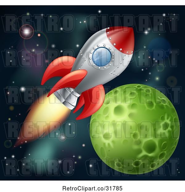 Vector Clip Art of Retro Cartoon Space Shuttle Rocket Flying in Outer Space near a Green Planet