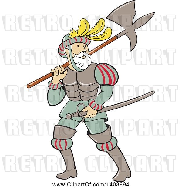 Vector Clip Art of Retro Cartoon Spanish Conquistador Carrying a Sword and Axe