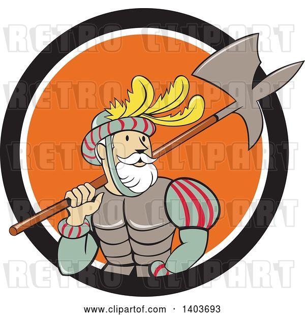 Vector Clip Art of Retro Cartoon Spanish Conquistador Carrying a Sword and Axe in a Black White and Orange Circle