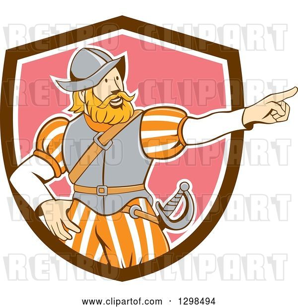 Vector Clip Art of Retro Cartoon Spanish Conquistador Pointing in a Brown White and Pink Shield