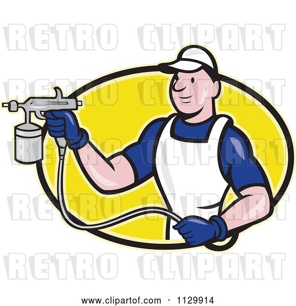 Vector Clip Art of Retro Cartoon Spray Painter Worker on a Yellow Oval