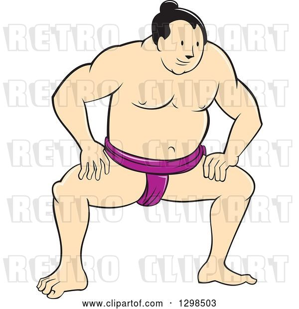 Vector Clip Art of Retro Cartoon Squatting Sumo Wrestler
