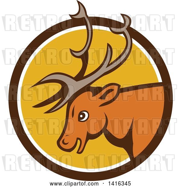 Vector Clip Art of Retro Cartoon Stag Buck Deer Head in a Brown White and Yellow Circle