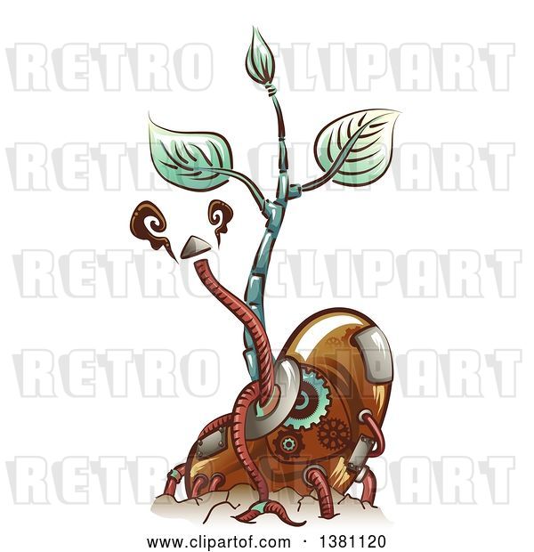 Vector Clip Art of Retro Cartoon Steampunk Sprouting Bean Seedling Plant with Metal Cables