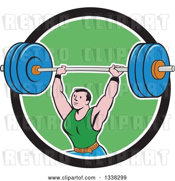 Vector Clip Art of Retro Cartoon Strongman Bodybuilder Lifting a Barbell over His Head, Emerging from a Black White and Green Circle