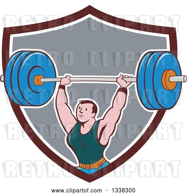 Vector Clip Art of Retro Cartoon Strongman Bodybuilder Lifting a Barbell over His Head, Emerging from a Brown White and Gray Shield