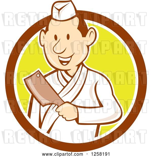 Vector Clip Art of Retro Cartoon Styled Japanese Butcher Guy Holding a Cleaver Knife in a Brown White and Yellow Circle