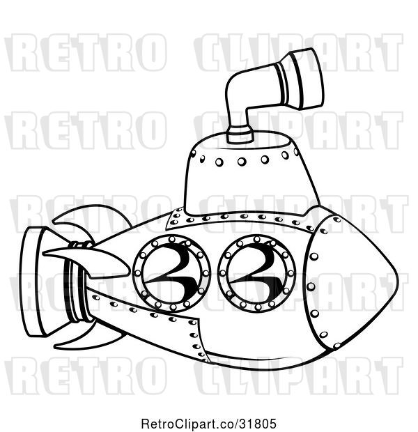 Vector Clip Art of Retro Cartoon Submarine Outline