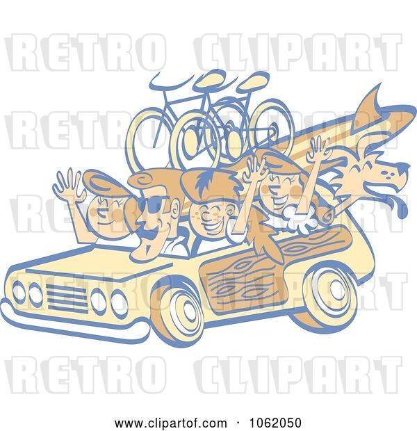 Vector Clip Art of Retro Cartoon Summer Family in a Woody Car