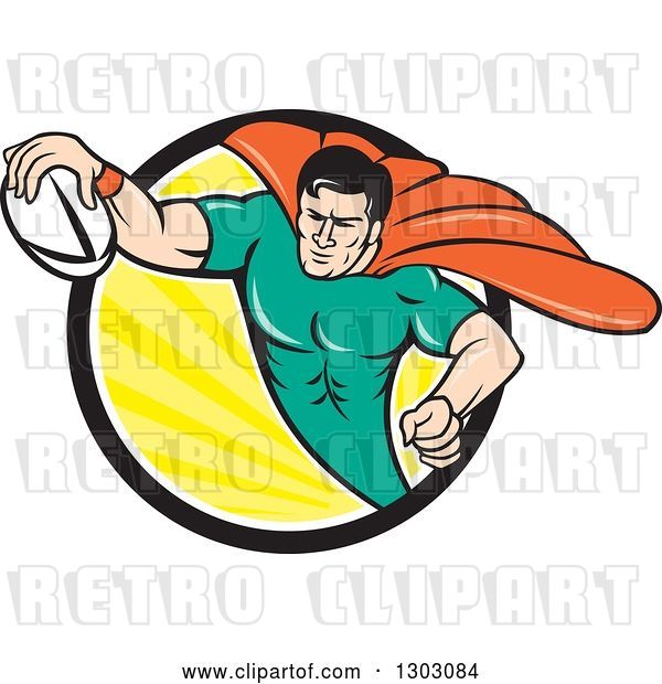 Vector Clip Art of Retro Cartoon Super Hero Flying with a Rugby Ball and Emerging from a Black White and Yellow Sun Rays Circle