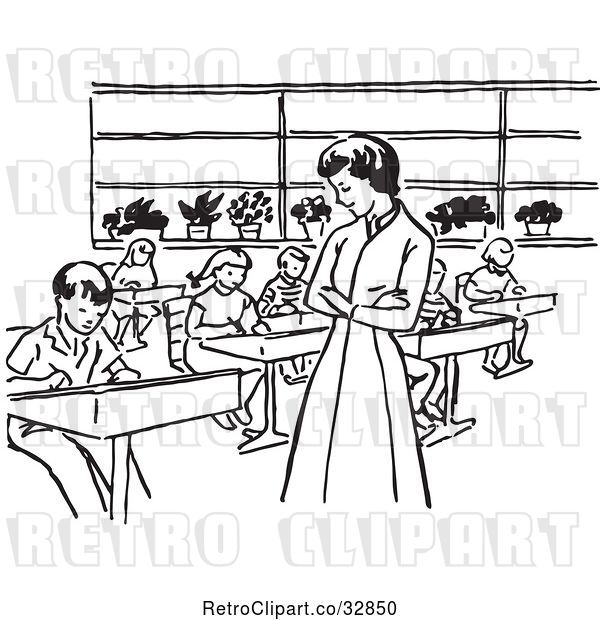 Vector Clip Art of Retro Cartoon Teacher Watching Children Write in Class