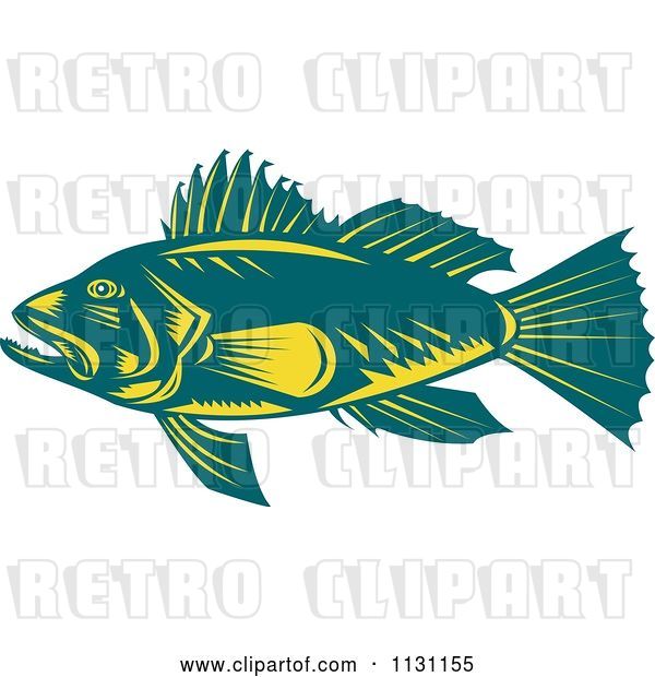 Vector Clip Art of Retro Cartoon Teal and Yellow Largemouth Bass Fish in Profile