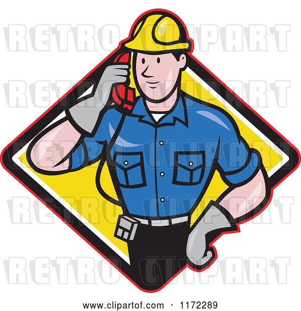 Vector Clip Art of Retro Cartoon Telephone Service Repair Guy Holding a Receiver in a Yellow Diamond
