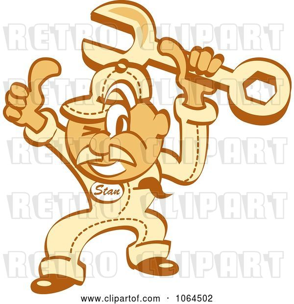 Vector Clip Art of Retro Cartoon Thumbs up Auto Mechanic Guy with a Wrench