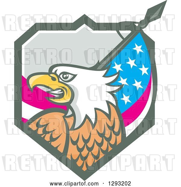 Vector Clip Art of Retro Cartoon Tough Bald Eagle Head with an American Flag in a Shield