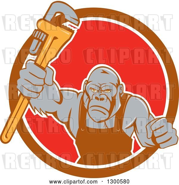 Vector Clip Art of Retro Cartoon Tough Gorilla Plumber Guy Punching with a Monkey Wrench in a Brown White and Red Circle