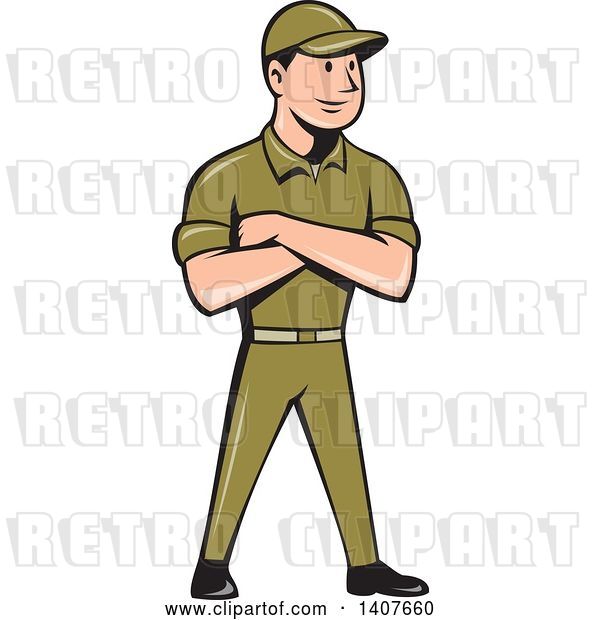 Vector Clip Art of Retro Cartoon Tradesman in a Green Uniform, Standing with Folded Arms