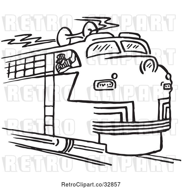 Vector Clip Art of Retro Cartoon Train Engineer Blowing the Horn