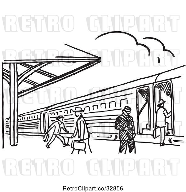 Vector Clip Art of Retro Cartoon Train Station