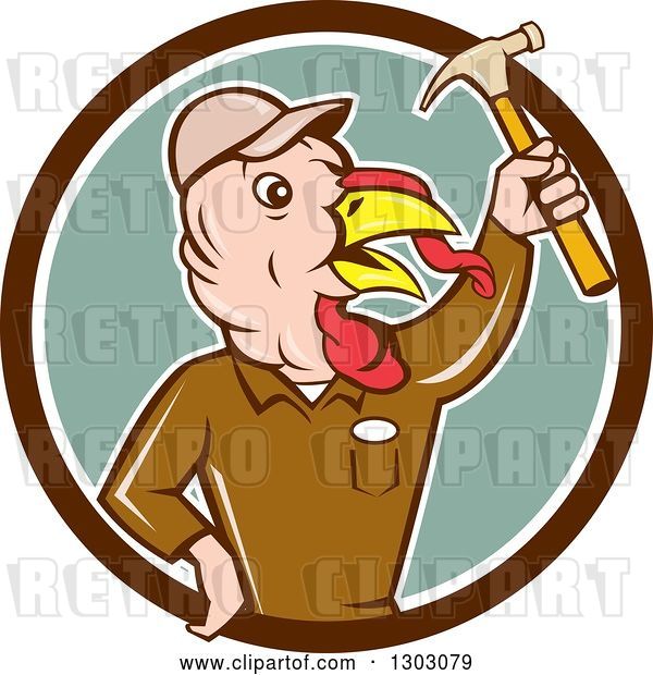 Vector Clip Art of Retro Cartoon Turkey Bird Builder Worker Holding up a Hammer in a Brown White and Green Circle