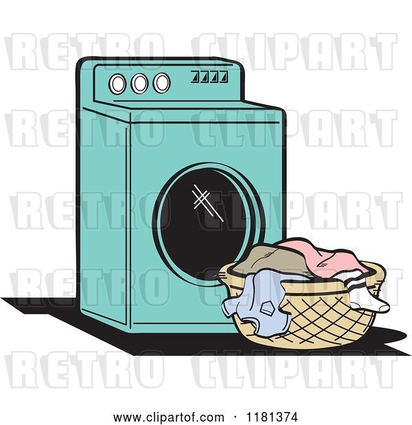 Vector Clip Art of Retro Cartoon Turquoise Washing Machine and Laundry