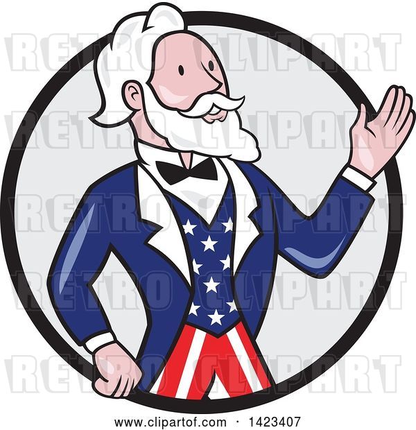 Vector Clip Art of Retro Cartoon Uncle Sam Waving in a Black and Gray Circle