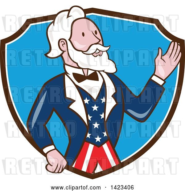 Vector Clip Art of Retro Cartoon Uncle Sam Waving in a Brown White and Blue Shield