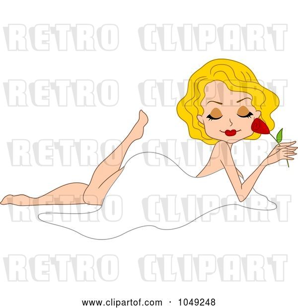 Vector Clip Art of Retro Cartoon Valentine Pinup Lady Draped in a Sheet and Smelling a Rose