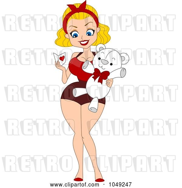 Vector Clip Art of Retro Cartoon Valentine Pinup Lady Holding a Card and Teddy Bear