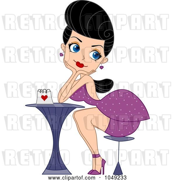 Vector Clip Art of Retro Cartoon Valentine Pinup Lady Sitting Alone at a Table