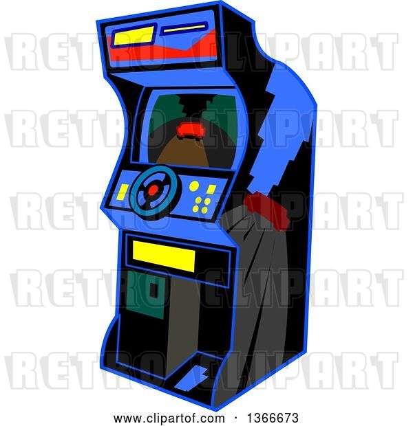Vector Clip Art of Retro Cartoon Video Driving Arcade Game with a Steering Wheel