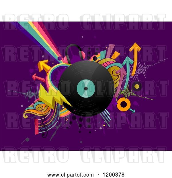 Vector Clip Art of Retro Cartoon Vinyl Record Album with Arrows and Rainbows on Purple