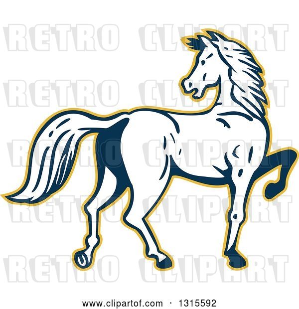 Vector Clip Art of Retro Cartoon White and Dark Blue Prancing Horse Looking Back and Outlined in Yellow