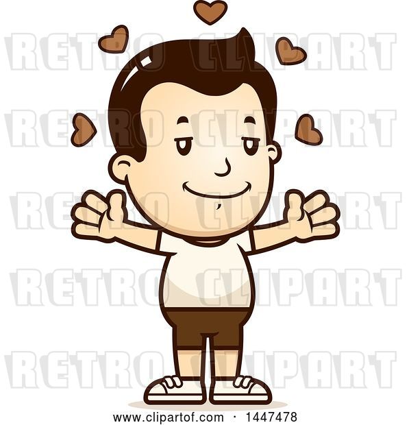 Vector Clip Art of Retro Cartoon White Boy in Shorts with Open Arms and Love Hearts