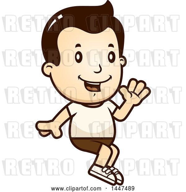 Vector Clip Art of Retro Cartoon White Boy Sitting and Waving in Shorts