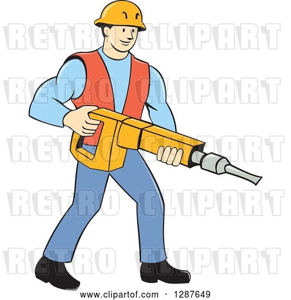 Vector Clip Art of Retro Cartoon White Construction Worker Holding a Jackhammer Drill