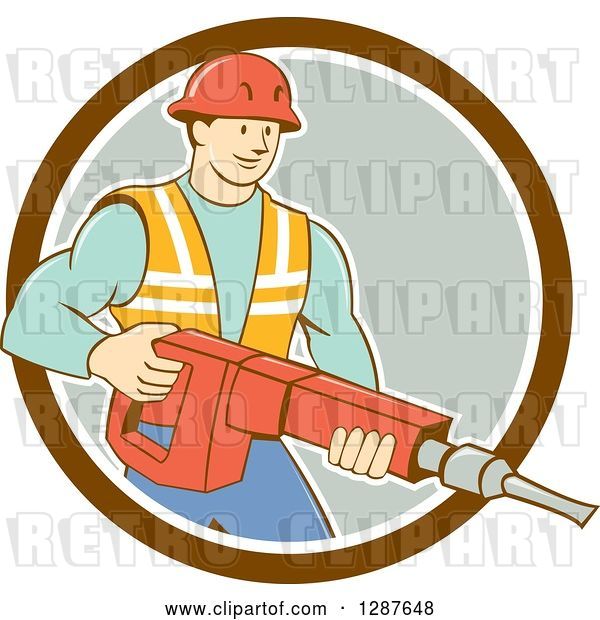 Vector Clip Art of Retro Cartoon White Construction Worker Holding a Jackhammer Drill in a Circle