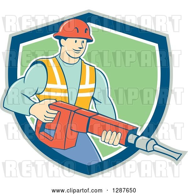 Vector Clip Art of Retro Cartoon White Construction Worker Holding a Jackhammer Drill in a Shield