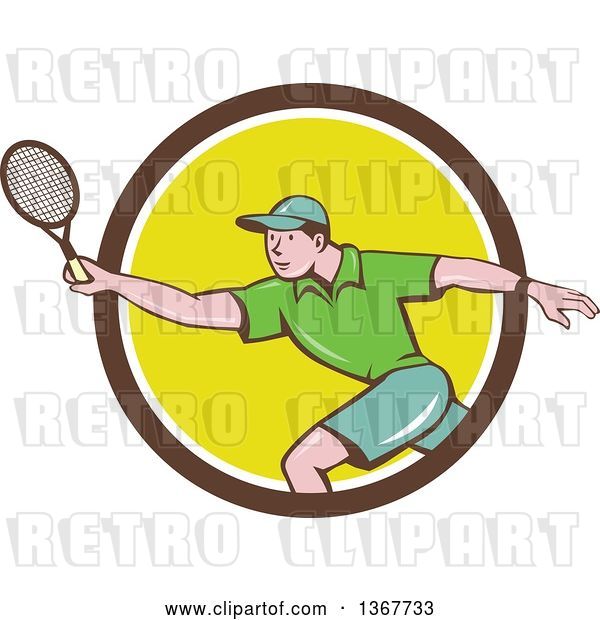 Vector Clip Art of Retro Cartoon White Guy Playing Tennis, Emerging from a Brown White and Yellow Circle