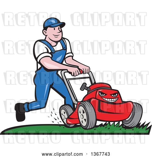 Vector Clip Art of Retro Cartoon White Guy Pushing a Tough Red Lawn Mower Mascot