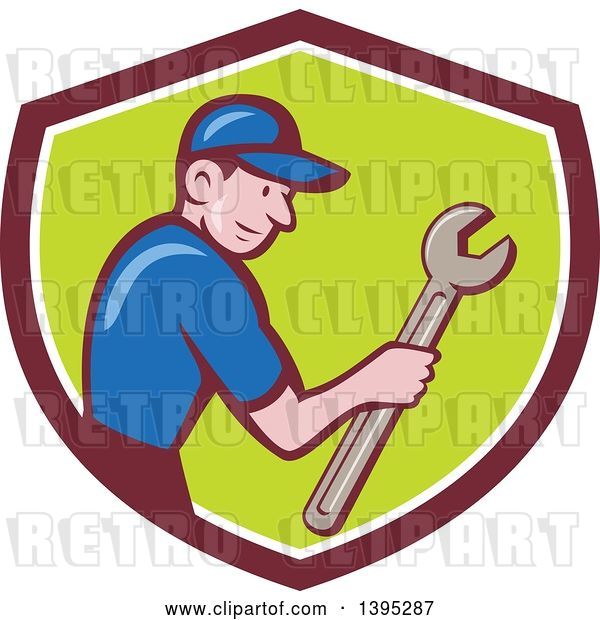 Vector Clip Art of Retro Cartoon White Handy Guy Holding a Spanner Wrench in a Shield